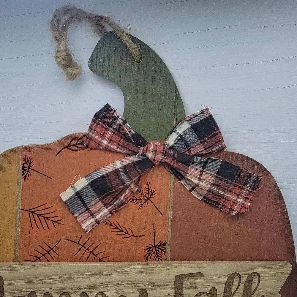 Happy Fall PUMPKIN SIGN Door Hanger Autumn Rustic Primitive Plaque Decor